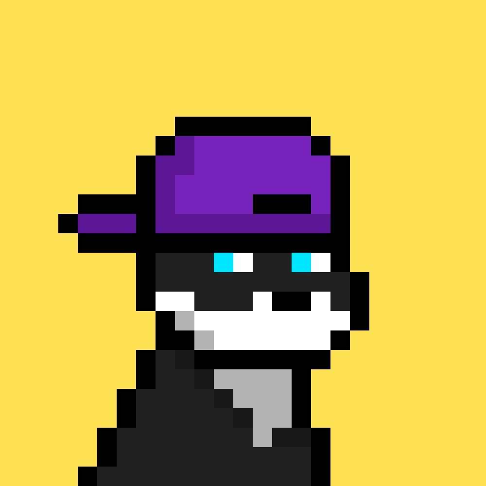 Pixel portrait of LambMetaX (@LambMetaX): a Doginal Dogs-style character with a purple visor on a yellow background
